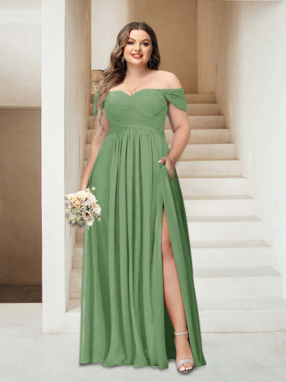 Plus Size Sleeveless Chiffon Bridesmaid Dresses with Pockets in A-Line/Princess Off-the-Shoulder Style-BMbridal.UK