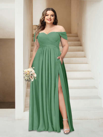 Plus Size Sleeveless Chiffon Bridesmaid Dresses with Pockets in A-Line/Princess Off-the-Shoulder Style-BMbridal.UK