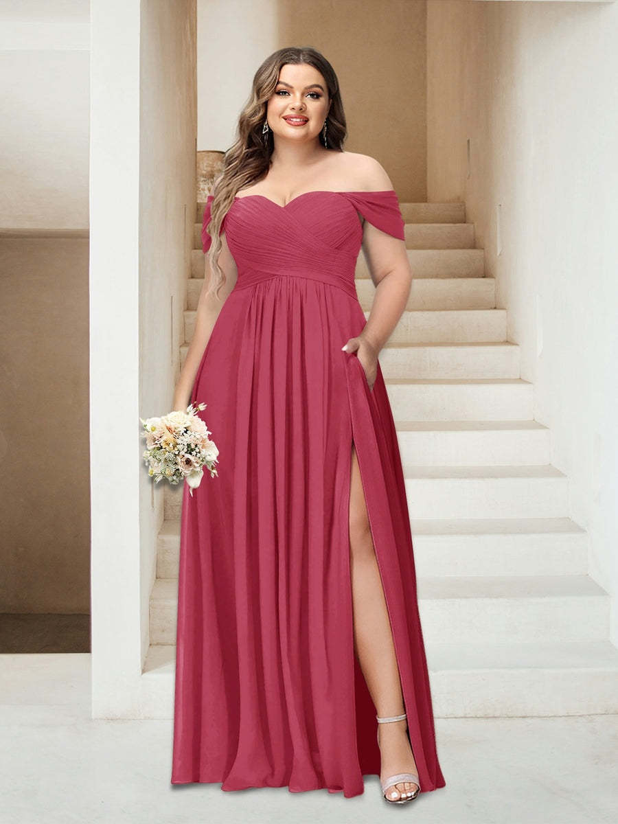 Plus Size Sleeveless Chiffon Bridesmaid Dresses with Pockets in A-Line/Princess Off-the-Shoulder Style-BMbridal.UK