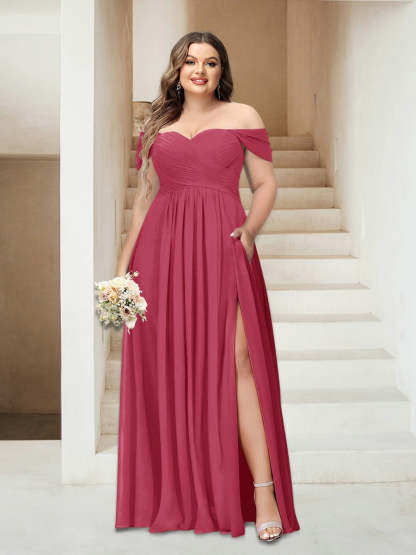 Plus Size Sleeveless Chiffon Bridesmaid Dresses with Pockets in A-Line/Princess Off-the-Shoulder Style-BMbridal.UK