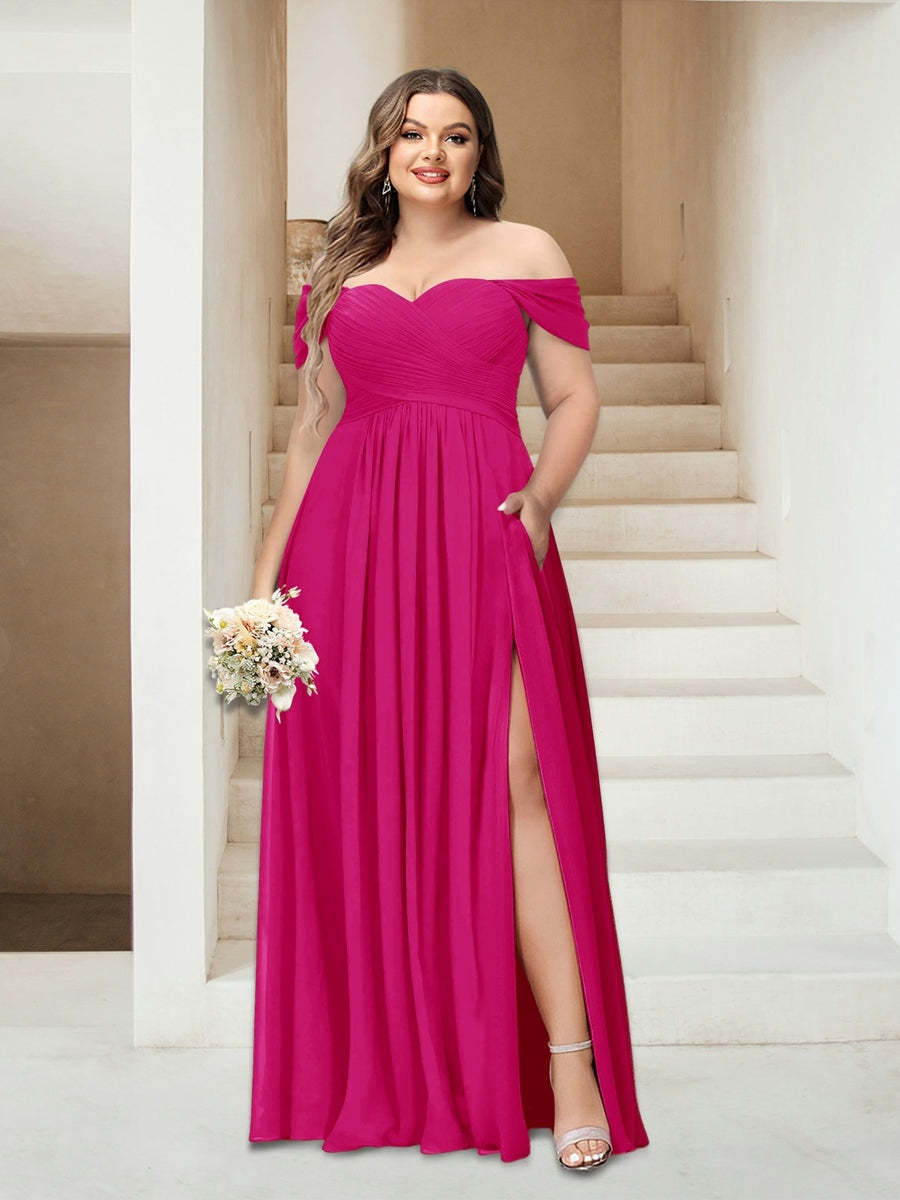 Plus Size Sleeveless Chiffon Bridesmaid Dresses with Pockets in A-Line/Princess Off-the-Shoulder Style-BMbridal.UK
