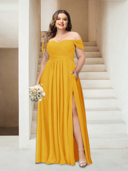 Plus Size Sleeveless Chiffon Bridesmaid Dresses with Pockets in A-Line/Princess Off-the-Shoulder Style-BMbridal.UK