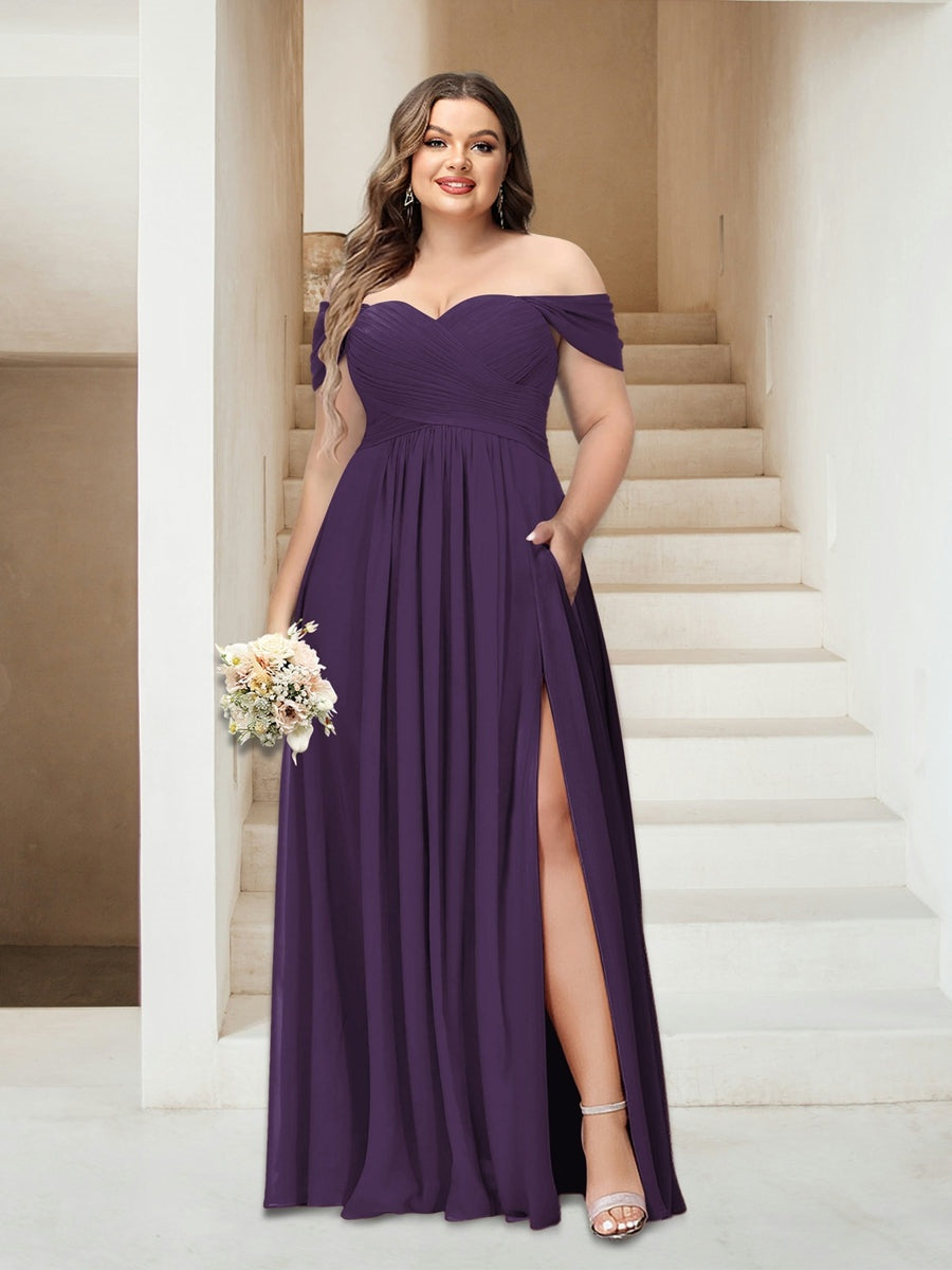 Plus Size Sleeveless Chiffon Bridesmaid Dresses with Pockets in A-Line/Princess Off-the-Shoulder Style-BMbridal.UK