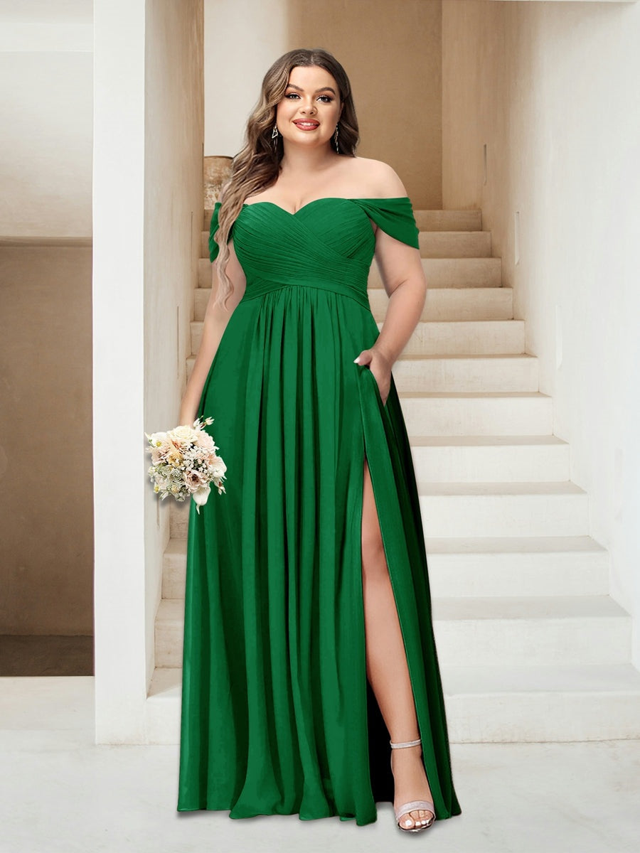 Plus Size Sleeveless Chiffon Bridesmaid Dresses with Pockets in A-Line/Princess Off-the-Shoulder Style-BMbridal.UK
