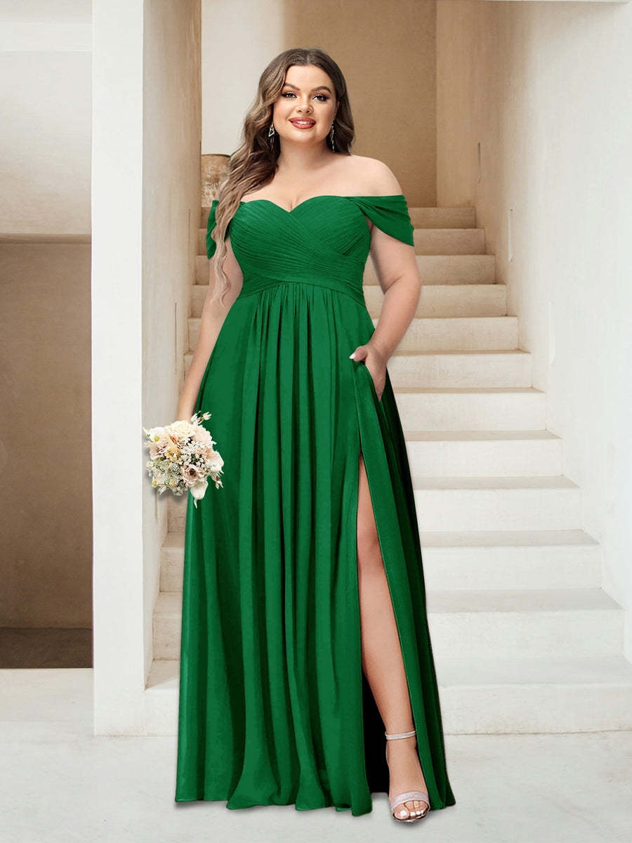 Plus Size Sleeveless Chiffon Bridesmaid Dresses with Pockets in A-Line/Princess Off-the-Shoulder Style-BMbridal.UK