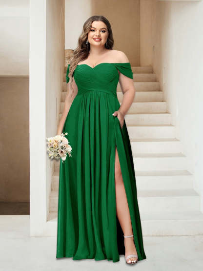 Plus Size Sleeveless Chiffon Bridesmaid Dresses with Pockets in A-Line/Princess Off-the-Shoulder Style-BMbridal.UK