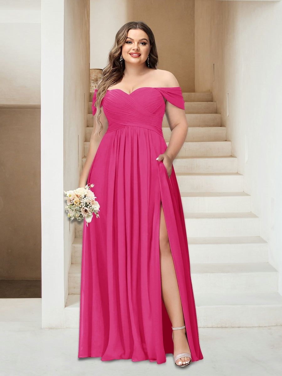 Plus Size Sleeveless Chiffon Bridesmaid Dresses with Pockets in A-Line/Princess Off-the-Shoulder Style-BMbridal.UK