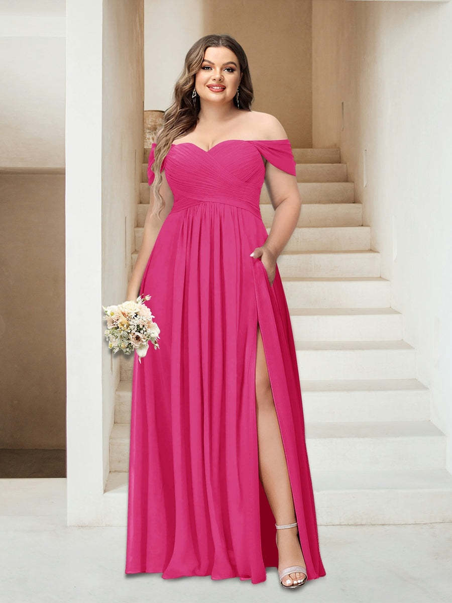 Plus Size Sleeveless Chiffon Bridesmaid Dresses with Pockets in A-Line/Princess Off-the-Shoulder Style-BMbridal.UK