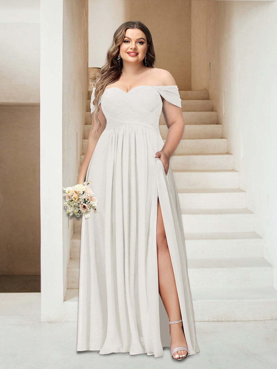 Plus Size Sleeveless Chiffon Bridesmaid Dresses with Pockets in A-Line/Princess Off-the-Shoulder Style-BMbridal.UK
