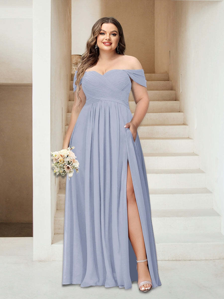 Plus Size Sleeveless Chiffon Bridesmaid Dresses with Pockets in A-Line/Princess Off-the-Shoulder Style-BMbridal.UK