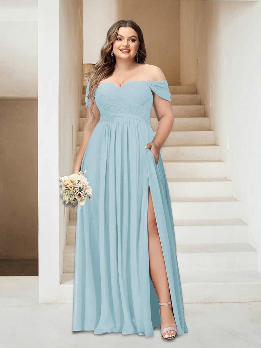 Plus Size Sleeveless Chiffon Bridesmaid Dresses with Pockets in A-Line/Princess Off-the-Shoulder Style-BMbridal.UK