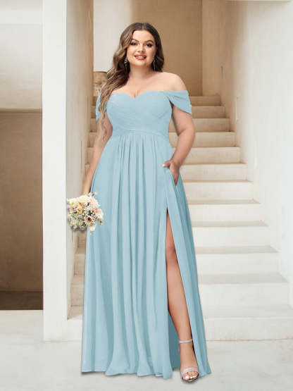 Plus Size Sleeveless Chiffon Bridesmaid Dresses with Pockets in A-Line/Princess Off-the-Shoulder Style-BMbridal.UK