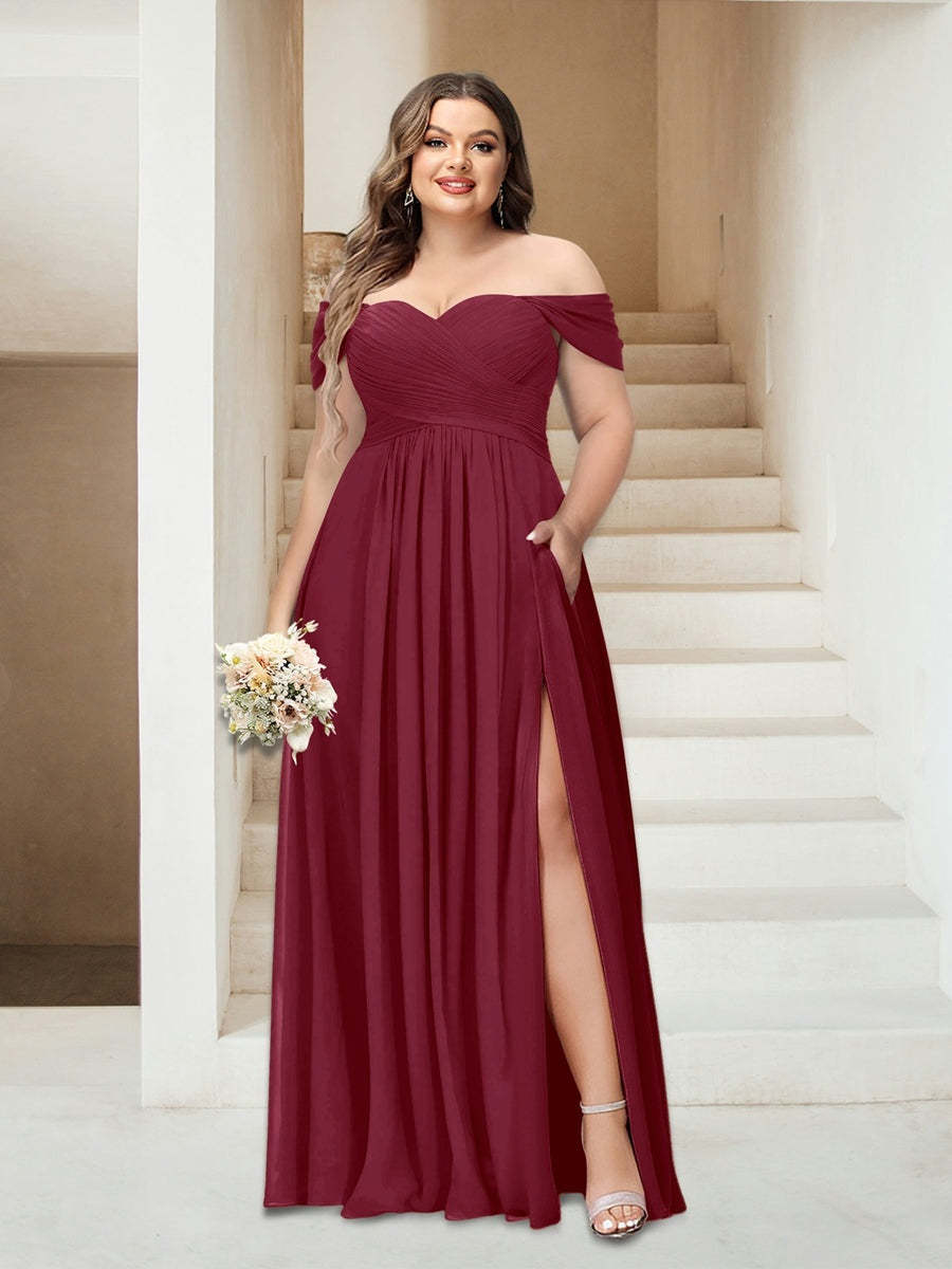 Plus Size Sleeveless Chiffon Bridesmaid Dresses with Pockets in A-Line/Princess Off-the-Shoulder Style-BMbridal.UK