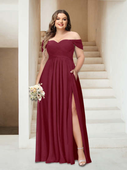 Plus Size Sleeveless Chiffon Bridesmaid Dresses with Pockets in A-Line/Princess Off-the-Shoulder Style-BMbridal.UK