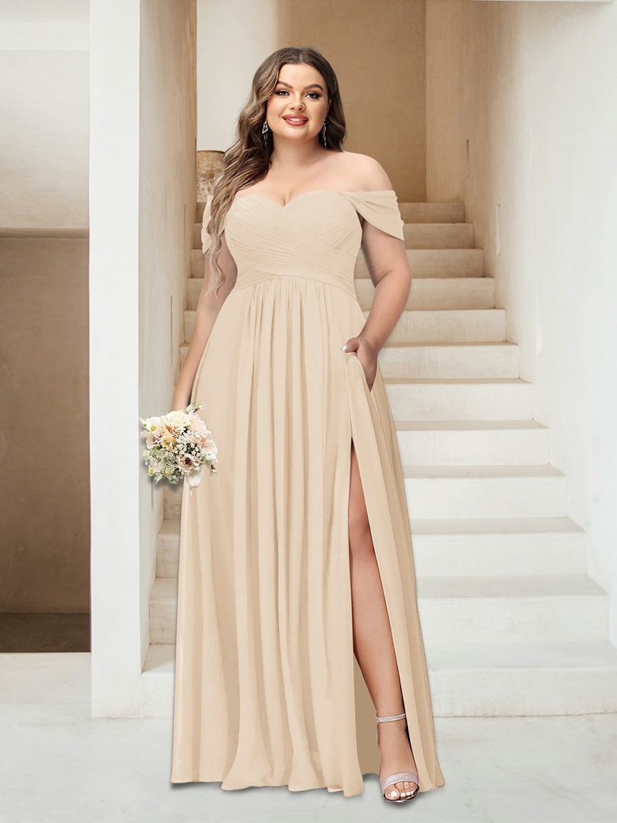 Plus Size Sleeveless Chiffon Bridesmaid Dresses with Pockets in A-Line/Princess Off-the-Shoulder Style-BMbridal.UK