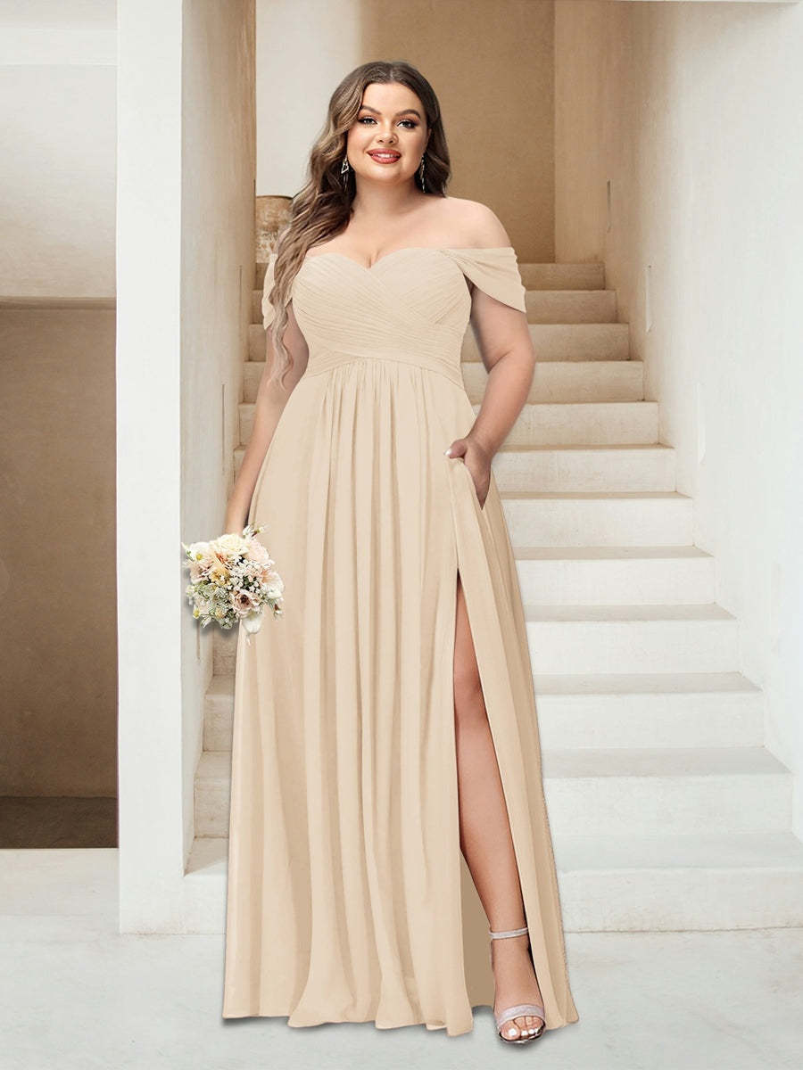 Plus Size Sleeveless Chiffon Bridesmaid Dresses with Pockets in A-Line/Princess Off-the-Shoulder Style-BMbridal.UK