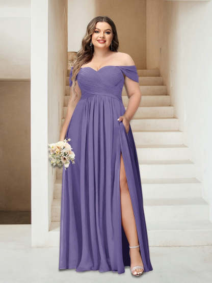Plus Size Sleeveless Chiffon Bridesmaid Dresses with Pockets in A-Line/Princess Off-the-Shoulder Style-BMbridal.UK