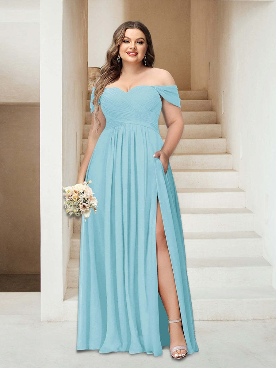 Plus Size Sleeveless Chiffon Bridesmaid Dresses with Pockets in A-Line/Princess Off-the-Shoulder Style-BMbridal.UK