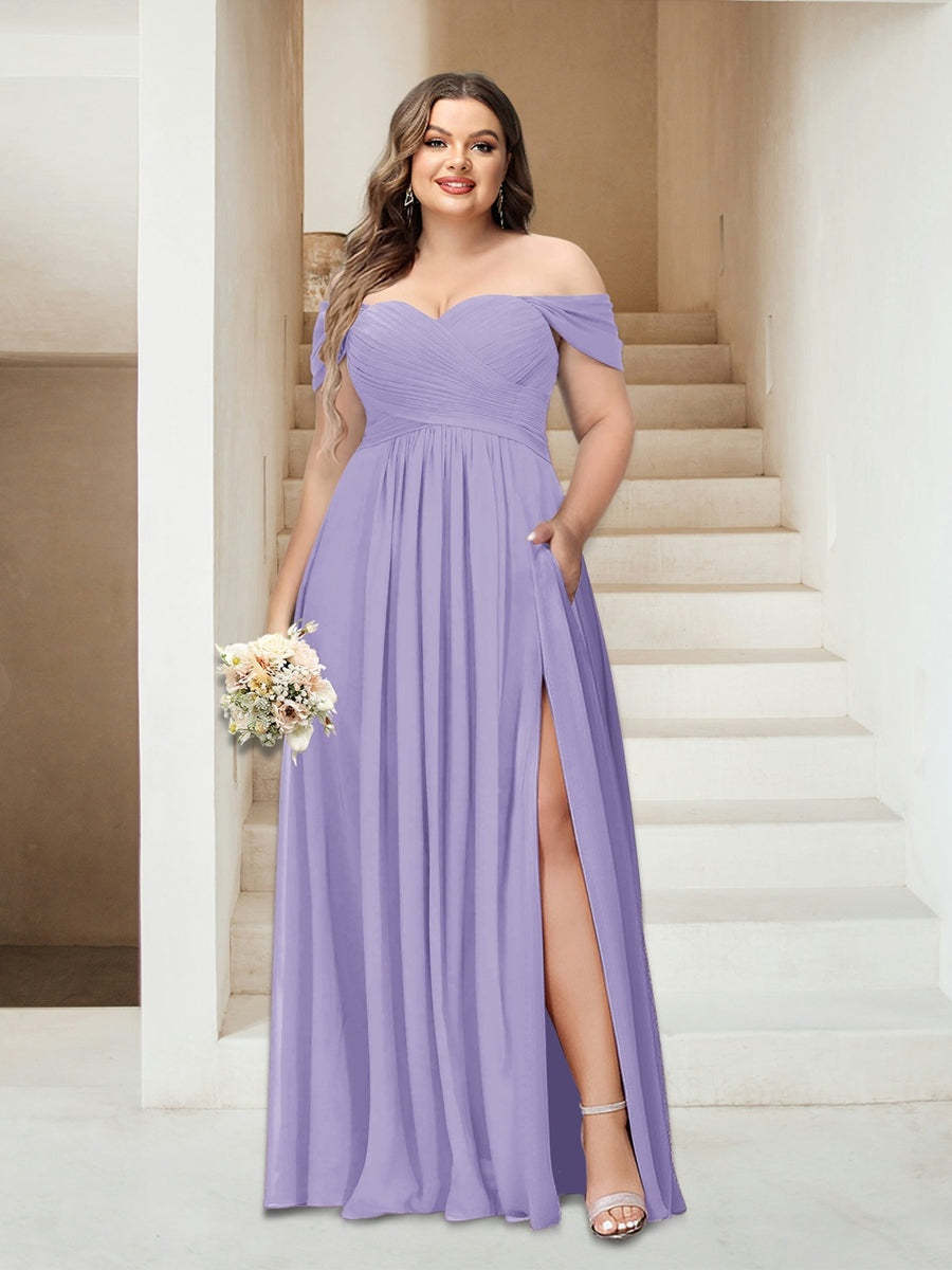 Plus Size Sleeveless Chiffon Bridesmaid Dresses with Pockets in A-Line/Princess Off-the-Shoulder Style-BMbridal.UK