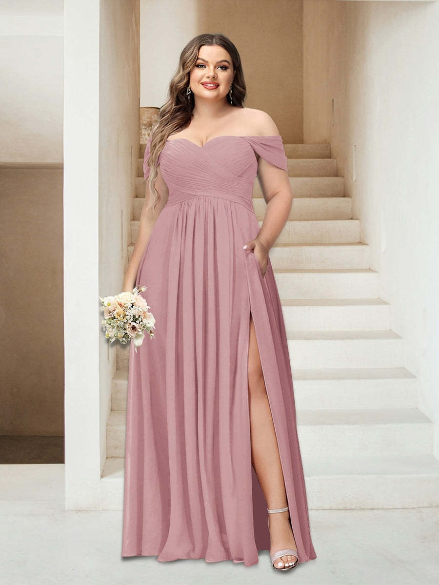 Plus Size Sleeveless Chiffon Bridesmaid Dresses with Pockets in A-Line/Princess Off-the-Shoulder Style-BMbridal.UK