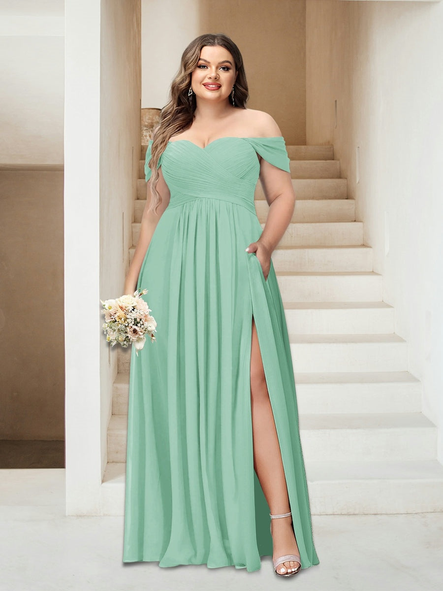 Plus Size Sleeveless Chiffon Bridesmaid Dresses with Pockets in A-Line/Princess Off-the-Shoulder Style-BMbridal.UK