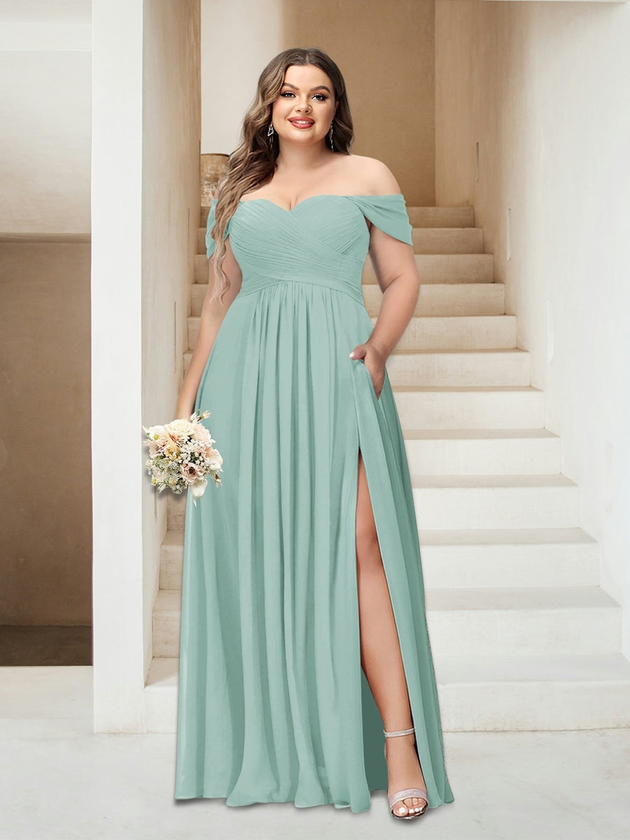 Plus Size Sleeveless Chiffon Bridesmaid Dresses with Pockets in A-Line/Princess Off-the-Shoulder Style-BMbridal.UK