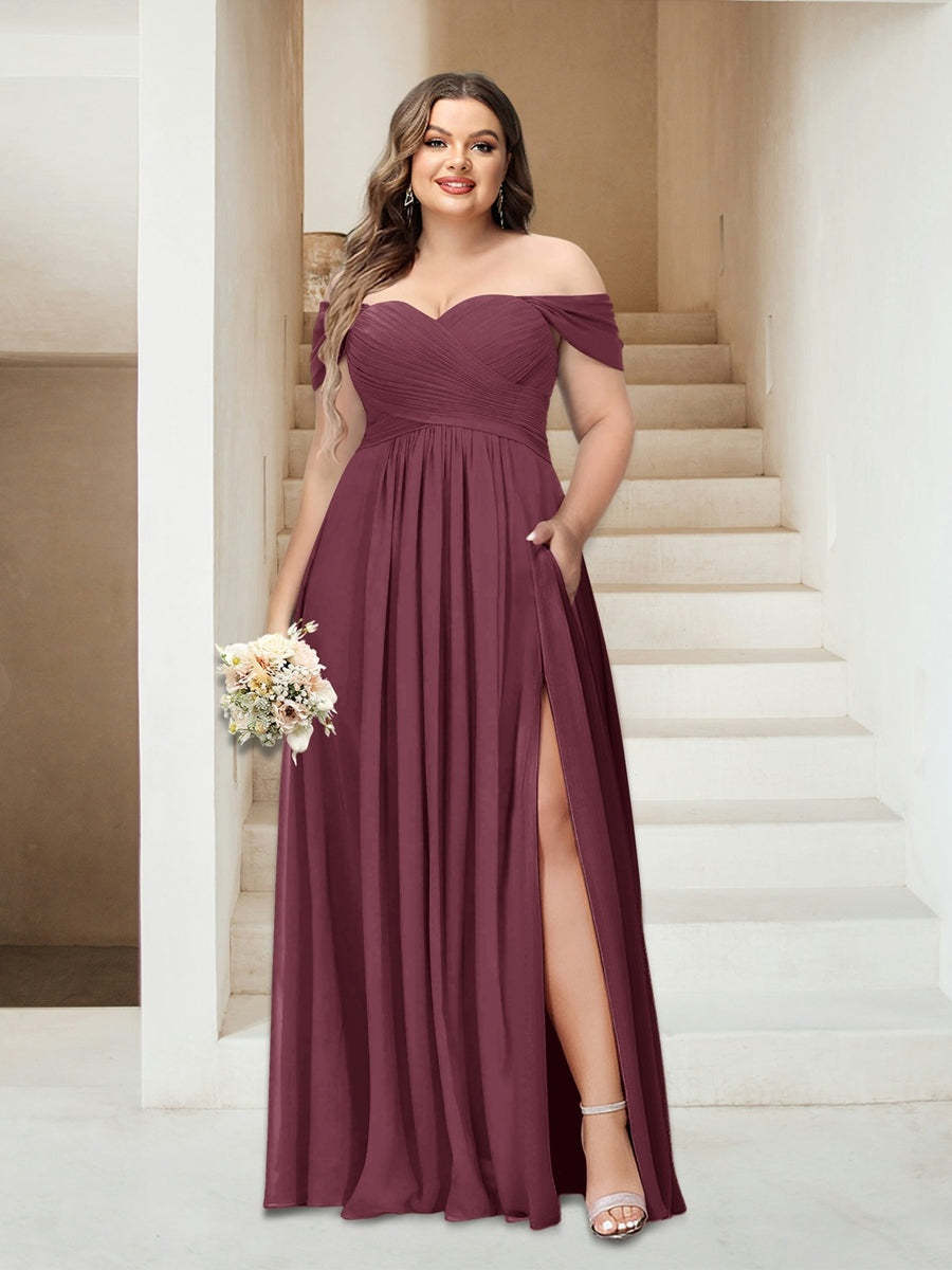 Plus Size Sleeveless Chiffon Bridesmaid Dresses with Pockets in A-Line/Princess Off-the-Shoulder Style-BMbridal.UK