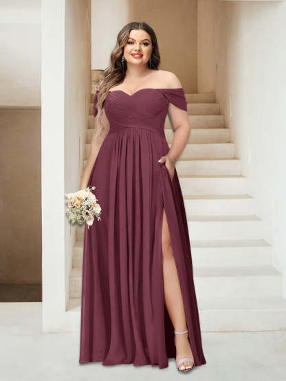Plus Size Sleeveless Chiffon Bridesmaid Dresses with Pockets in A-Line/Princess Off-the-Shoulder Style-BMbridal.UK