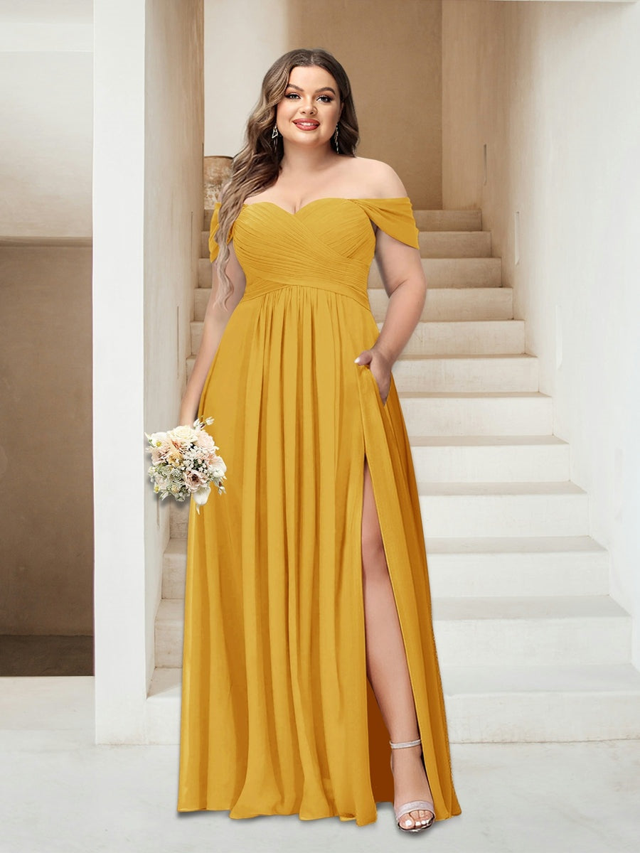 Plus Size Sleeveless Chiffon Bridesmaid Dresses with Pockets in A-Line/Princess Off-the-Shoulder Style-BMbridal.UK