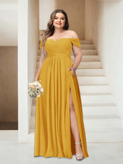 Plus Size Sleeveless Chiffon Bridesmaid Dresses with Pockets in A-Line/Princess Off-the-Shoulder Style-BMbridal.UK