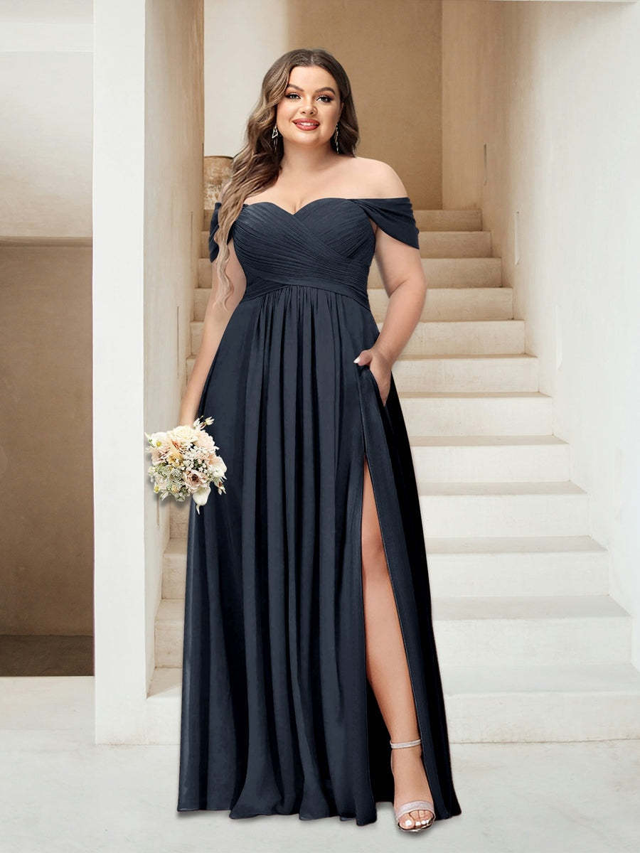 Plus Size Sleeveless Chiffon Bridesmaid Dresses with Pockets in A-Line/Princess Off-the-Shoulder Style-BMbridal.UK