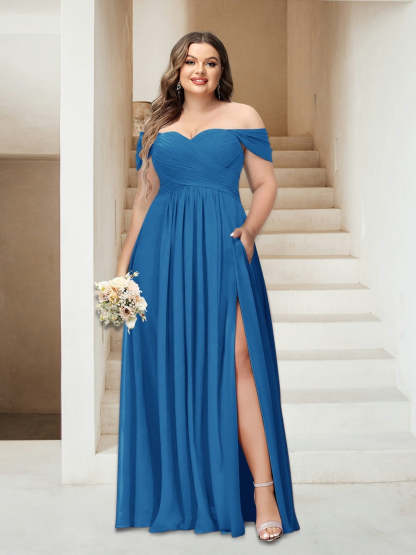 Plus Size Sleeveless Chiffon Bridesmaid Dresses with Pockets in A-Line/Princess Off-the-Shoulder Style-BMbridal.UK