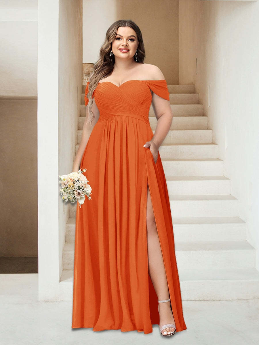 Plus Size Sleeveless Chiffon Bridesmaid Dresses with Pockets in A-Line/Princess Off-the-Shoulder Style-BMbridal.UK