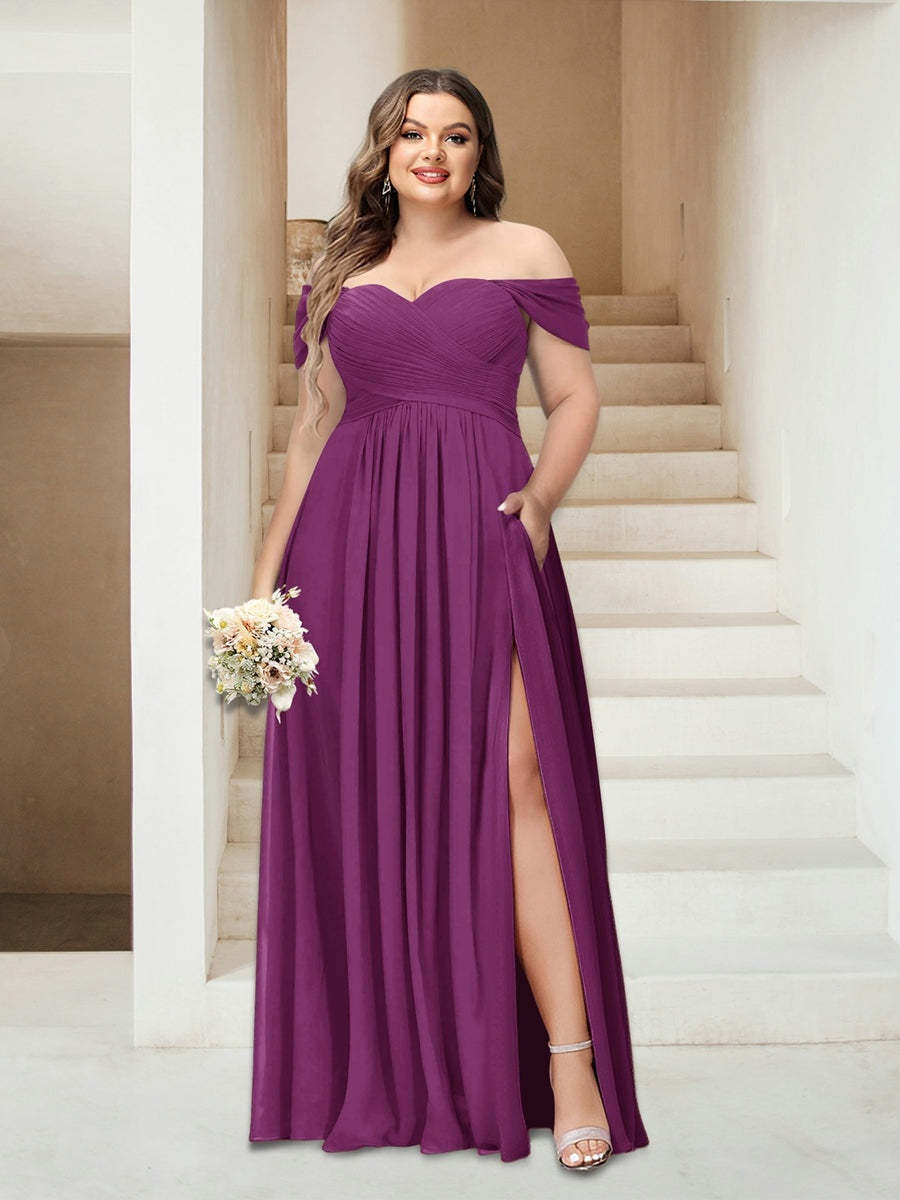 Plus Size Sleeveless Chiffon Bridesmaid Dresses with Pockets in A-Line/Princess Off-the-Shoulder Style-BMbridal.UK