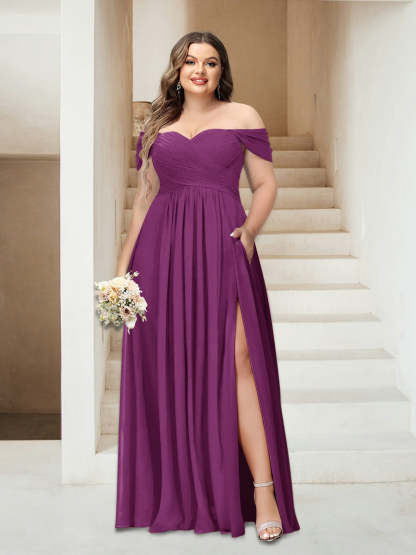 Plus Size Sleeveless Chiffon Bridesmaid Dresses with Pockets in A-Line/Princess Off-the-Shoulder Style-BMbridal.UK