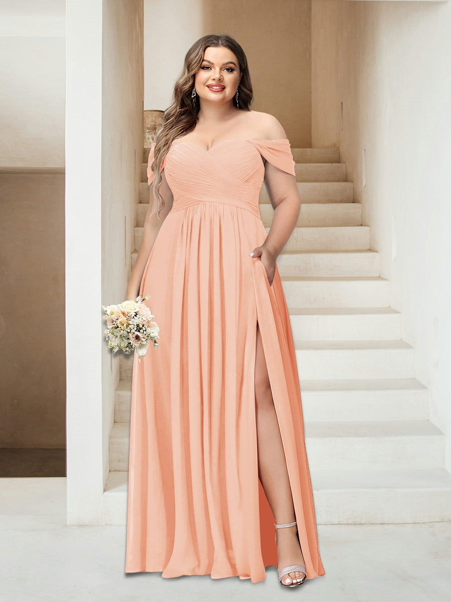Plus Size Sleeveless Chiffon Bridesmaid Dresses with Pockets in A-Line/Princess Off-the-Shoulder Style-BMbridal.UK