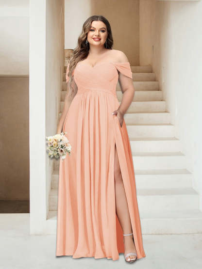 Plus Size Sleeveless Chiffon Bridesmaid Dresses with Pockets in A-Line/Princess Off-the-Shoulder Style-BMbridal.UK