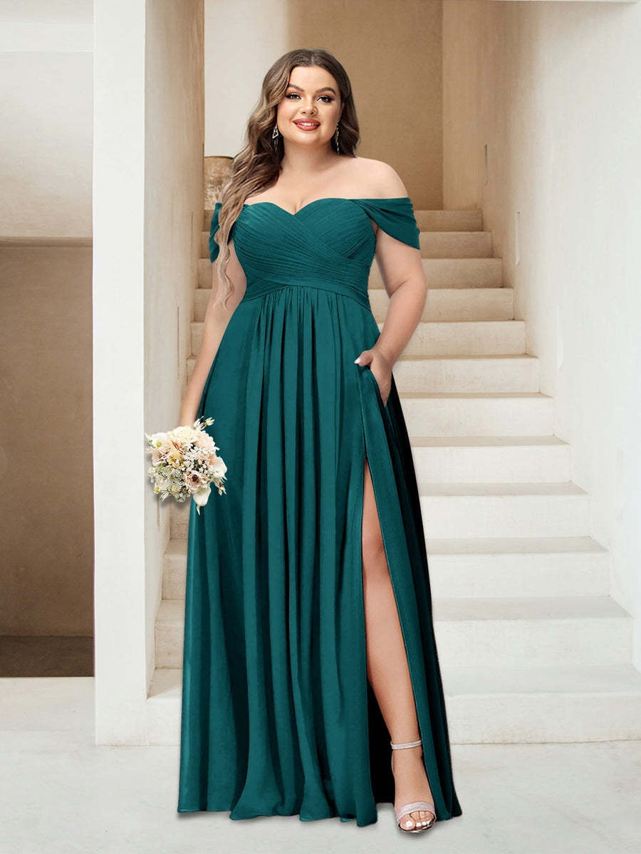Plus Size Sleeveless Chiffon Bridesmaid Dresses with Pockets in A-Line/Princess Off-the-Shoulder Style-BMbridal.UK