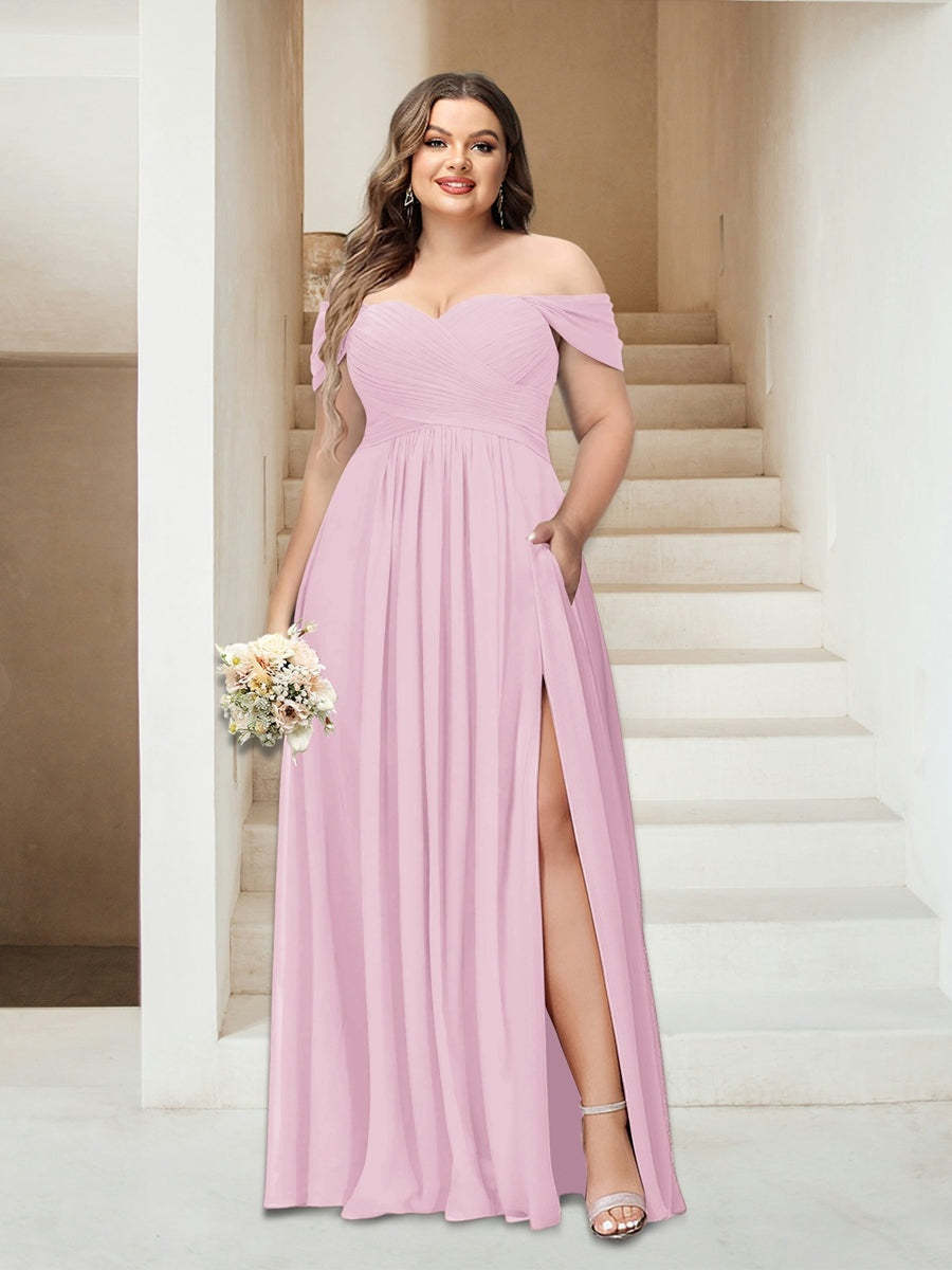 Plus Size Sleeveless Chiffon Bridesmaid Dresses with Pockets in A-Line/Princess Off-the-Shoulder Style-BMbridal.UK