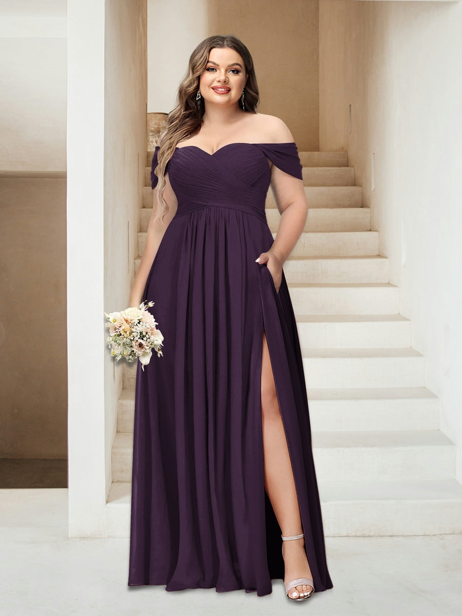 Plus Size Sleeveless Chiffon Bridesmaid Dresses with Pockets in A-Line/Princess Off-the-Shoulder Style-BMbridal.UK