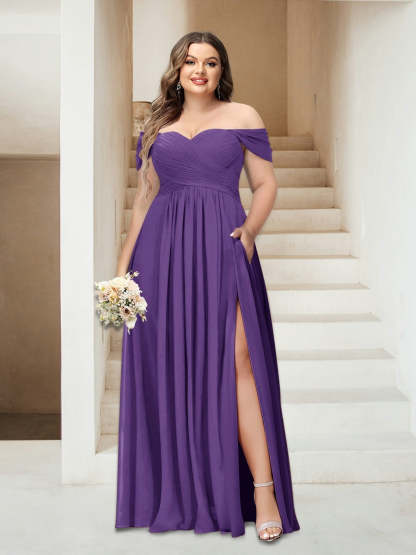 Plus Size Sleeveless Chiffon Bridesmaid Dresses with Pockets in A-Line/Princess Off-the-Shoulder Style-BMbridal.UK