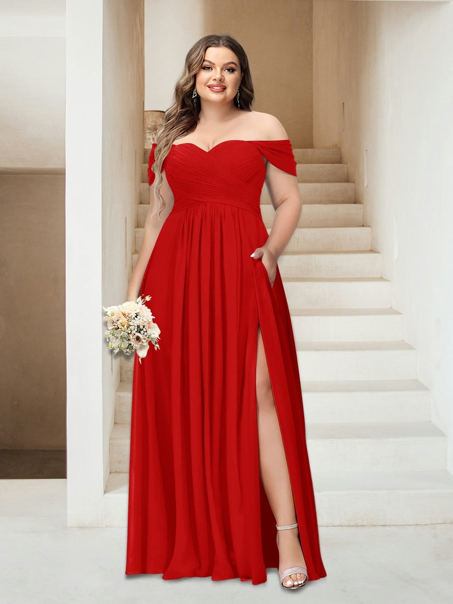 Plus Size Sleeveless Chiffon Bridesmaid Dresses with Pockets in A-Line/Princess Off-the-Shoulder Style-BMbridal.UK