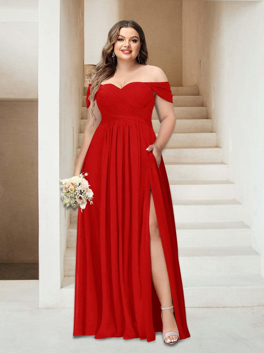 Plus Size Sleeveless Chiffon Bridesmaid Dresses with Pockets in A-Line/Princess Off-the-Shoulder Style-BMbridal.UK