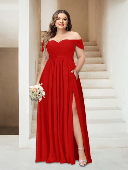 Plus Size Sleeveless Chiffon Bridesmaid Dresses with Pockets in A-Line/Princess Off-the-Shoulder Style-BMbridal.UK