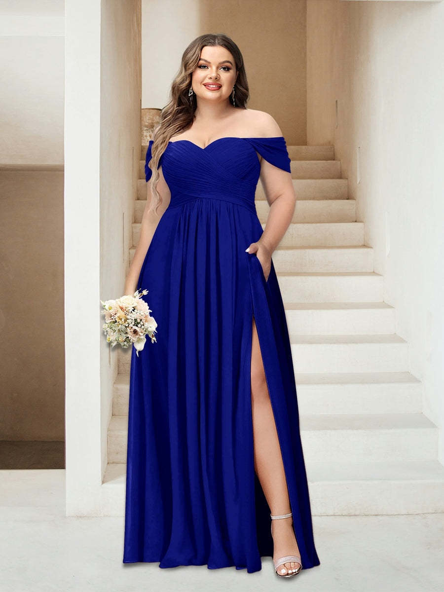 Plus Size Sleeveless Chiffon Bridesmaid Dresses with Pockets in A-Line/Princess Off-the-Shoulder Style-BMbridal.UK