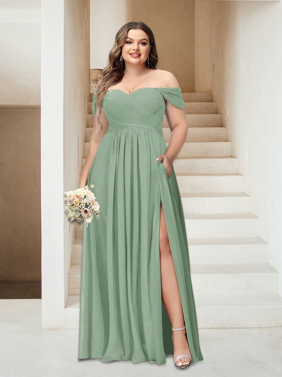 Plus Size Sleeveless Chiffon Bridesmaid Dresses with Pockets in A-Line/Princess Off-the-Shoulder Style-BMbridal.UK