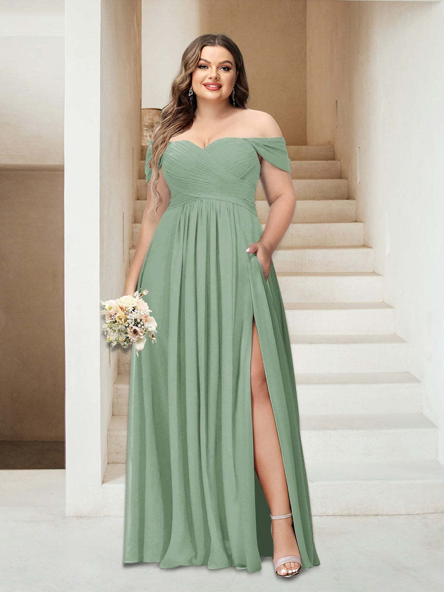 Plus Size Sleeveless Chiffon Bridesmaid Dresses with Pockets in A-Line/Princess Off-the-Shoulder Style-BMbridal.UK