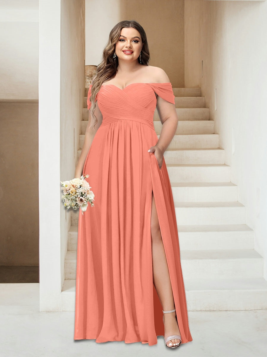 Plus Size Sleeveless Chiffon Bridesmaid Dresses with Pockets in A-Line/Princess Off-the-Shoulder Style-BMbridal.UK