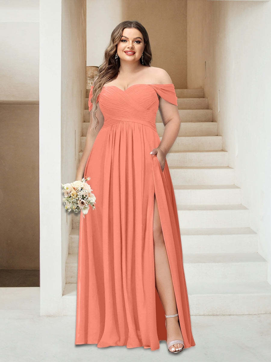 Plus Size Sleeveless Chiffon Bridesmaid Dresses with Pockets in A-Line/Princess Off-the-Shoulder Style-BMbridal.UK