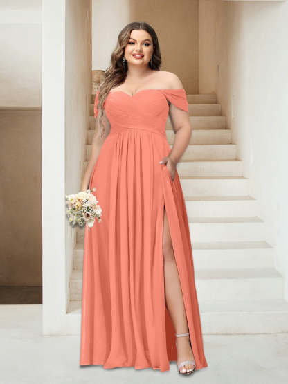 Plus Size Sleeveless Chiffon Bridesmaid Dresses with Pockets in A-Line/Princess Off-the-Shoulder Style-BMbridal.UK